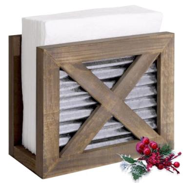 Imagem de Porta de celeiro rústica para guardanapos de outono | Madeira marrom quente e metal ondulado galvanizado adicionam charme de fazenda à sua mesa (galvanizado)