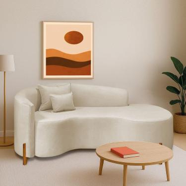 Imagem de Divã Recamier Curvo Sala De Estar Recepção Inglaterra 180cm Pés Madeira Lado Direito Linho Bege