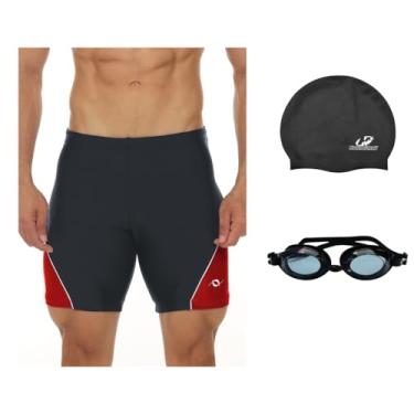 Imagem de Kit Bermuda Natação Esportiva Óculos Uv E Touca Silicone (Cinza/Vermelho - Óculos/Touca Preto, P)