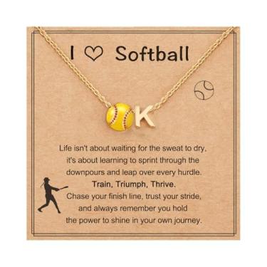Imagem de Colar de softbol com inicial A-Z para meninas adolescentes, colar com pingente de softbol personalizado para amantes de times e filhas jogadoras, Latão, Sem Pedra Preciosa