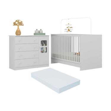 Imagem de Berço 3 Em 1 Com Colchão Incluso E Cômoda 1 Porta 4 Gavetas Brisa Multimóveis MP4751 Branco