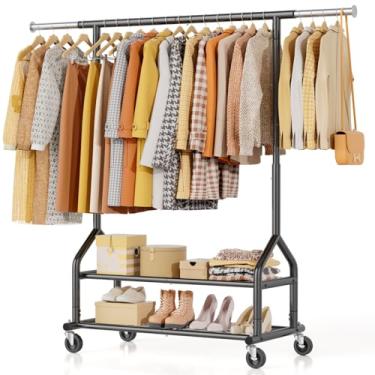 Imagem de EAGMAK Suporte de roupas pesado, 252 kg, suporte para roupas com prateleiras, cabide de metal ajustável em altura com rodas, organizador de guarda-roupa portátil, haste para pendurar roupas (preto)