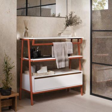 Imagem de Armário Multiuso Gabinete Banheiro Industrial 1 Gaveta Thor Branco Cedro com Bronze - Rede Móveis