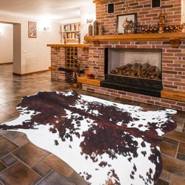Imagem de Guyi Rare Tapete de couro sintético 6,2 x 7,18 m com estampa de vaca grande para quarto, sala de estar, sala de jantar, tapetes marrons com estampa de animal, decoração de casa ocidental