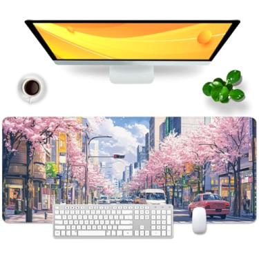 Imagem de Tapete de rato grande japonês flor de cerejeira tapete de mesa anime tapete de mesa GG tapete de rato para jogos 80 x 30 x 0,3 cm (ruas do Japão)
