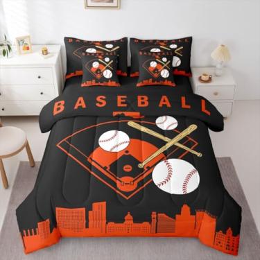 Imagem de Jogo de cama casal com edredom de beisebol, conjunto de 7 peças, softball, esportes, jogos, cama em uma bolsa para crianças, meninos, adolescentes, adultos, quarto, construção de cidade, silhueta