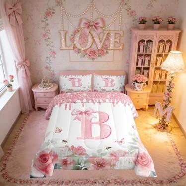 Imagem de Erosebridal Conjunto de cama com laço de desenho animado para meninas, letra B, monograma, laço com monograma, rosa, edredom com letra, 2 peças, decoração de quarto para todas as estações