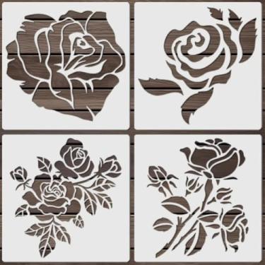 Imagem de Conjunto de estêncil de flor de rosa, 14 x 14 cm, estênceis de flores reutilizáveis, modelos de artesanato para arte DIY, scrapbook, desenho, estêncil para pintura em madeira, parede, móveis (4 peças)