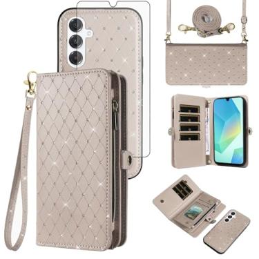 Imagem de Capa de celular para Samsung Galaxy A16 5G/4G Carteira com zíper destacável com protetor de tela transversal alça de cordão Bling Glitter Flip porta-cartões A 16 16A SM-A166U mulheres homens meninas