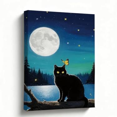 Imagem de Arte de parede em tela de gato preto luar, pintura a óleo noite do lago lua cheia, arte estética de borboleta mágica para quarto, berçário, sala de estar, decoração de casa gótica bruxa, presente para