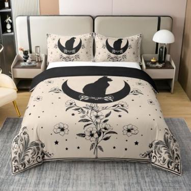 Imagem de Erosebridal 100% algodão vintage gato preto capa de edredom tamanho casal boho sol e lua jogo de cama misterioso gato preto vitoriano boêmio flor floral conjunto de cama