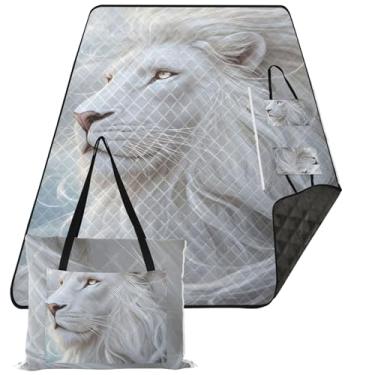 Imagem de TSENQUE Lindo cobertor de praia branco com estampa de juba de leão sem areia, à prova d'água, tapete de acampamento, tapete de piquenique, extra grande, fofo, dobrável, 299,7 x 203,2 cm