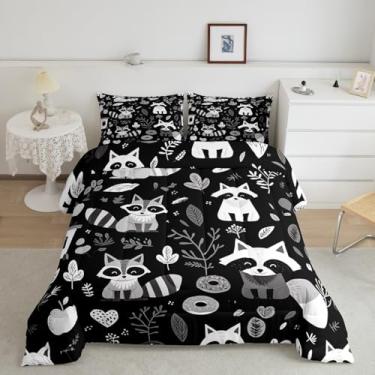 Imagem de jejeloiu Jogo de cama fofo de guaxinim, para crianças, meninos, meninas e adultos, solteiro, animais da floresta, ultramacio, com folhas boho, presente de guaxinim, conjunto de edredom para decoração