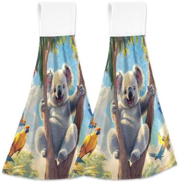 Imagem de TSENQUE Toalhas de cozinha tropicais fofas papagaios coalas com laço para pendurar toalhas de chá de forno personalizadas conjunto de 2 toalhas de cozinha macias absorventes fofas decorativas, 46 x 35