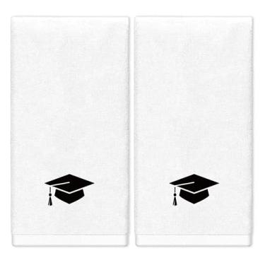 Imagem de FYSUIMU 2 peças de toalhas de mão de formatura toalha de banheiro de algodão bordada tampa de diploma preta toalha de banho absorvente para cozinha, secagem, limpeza de pratos, cozinhar, 75 x 34 cm