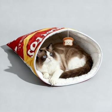 Imagem de Layheld Cama de cachorrinho de gato, saco de dormir quente, fofo, design de bolsa de batata frita, brinquedo de lanche, papel enrugado, acessórios para animais de estimação, presente para o Natal