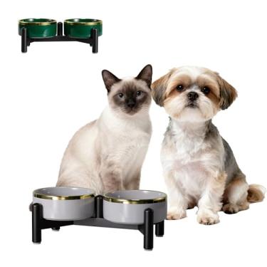 Imagem de Conjunto de tigelas de cerâmica elevada para cães – Pratos duplos com suporte de aço inoxidável – Tigelas de alimentação elevadas para gatos e cães pequenos – Conjunto de comida e água – 12,7 cm / 1,6