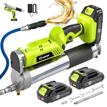 Imagem de SAKERNEO Kit profissional de pistola de graxa sem fio de 12.000 PSI - 2 pistolas de graxa elétrica alimentadas por bateria de 2,0 Ah com alto fluxo de 155,9 g/min, luz LED e mangueira flexível para