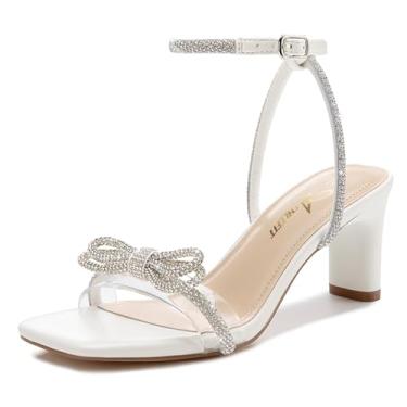 Imagem de Athlefit Sandálias femininas de salto com laço de strass transparente, bico quadrado, salto bloco, fivela e salto para festa de casamento, Branco, 35