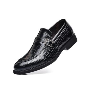 Imagem de Sapato social masculino vintage com estampa de crocodilo sem cadarço formal de couro mocassim casual Oxford, Preto, 42