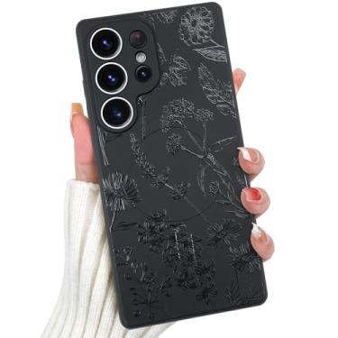 Imagem de OOK Capa magnética para Samsung Galaxy S25 Ultra, estampa fofa de silicone preto de flores silvestres [compatível com MagSafe] Capa de telefone fina à prova de choque com estampa floral para câmera de