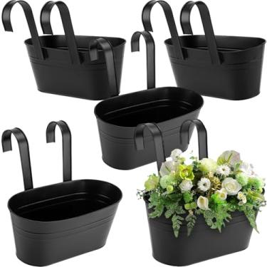 Imagem de HAKZEON Pacote com 5 vasos de flores de metal de 26 cm com ganchos de drenagem - vasos de ferro para decoração de varanda e cerca de varanda (preta)