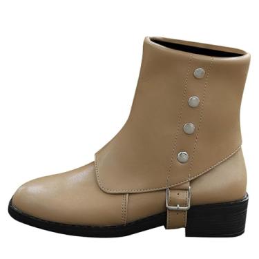 Imagem de Botas femininas de salto baixo cano médio bico redondo detalhe de metal PU superior para conforto outono inverno, Caqui, 34