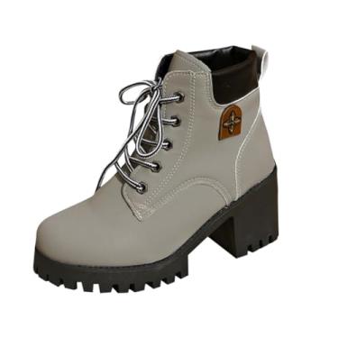 Imagem de Botas femininas com detalhe de metal, salto grosso, plataforma, cano baixo, para outono e inverno, calçados casuais de cano médio, Cinza, 34