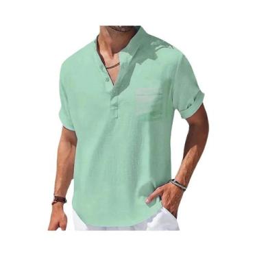 Imagem de Camisa Masculina Casual De Verão Com Gola Henley Em Algodão E Linho, R
