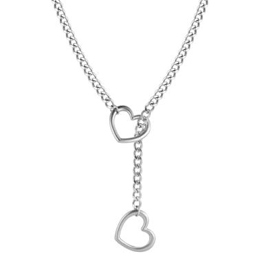 Imagem de KOFISNI Colar feminino de corrente deslizante de coração punk feito à mão com corrente de coração punk, colar gargantilha de corrente cubana de aço inoxidável, colar punk rock, colar ajustável em Y