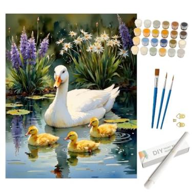 Imagem de Kit de pintura de animais por números para adultos - Pintura DIY de patos brancos e patinhos com flores enrolada em tela 40,6 x 50 cm, conjunto de tinta acrílica, adequado para iniciantes, arte para