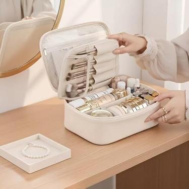 Imagem de Bolsa de maquiagem removível com várias camadas de grande capacidade – Organizador de cosméticos inspirado em viagens com armazenamento de pincéis, estojo portátil de beleza para homens e mulheres, 4