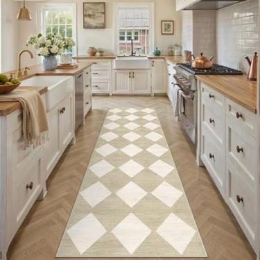 Imagem de PureCozy Tapete quadriculado de 2'6 x 20 cm para corredores, bege, lavável, tapete antiderrapante de pelo baixo, boho, interior para entrada, cozinha, quarto, sala de jantar, lavanderia