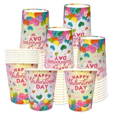 Imagem de YQUQWN 50 peças de copos de papel de dia dos namorados 255 g copos descartáveis de dia dos namorados rosa com padrão em forma de coração suprimentos de festa do dia dos namorados para chocolate quente