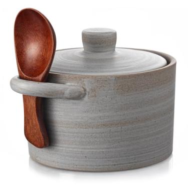 Imagem de Honeydak Saleiro de cerâmica salpicada com tampa e colher de madeira, suporte rústico para adega de sal e pimenta para o dia dos namorados, presente de inauguração de casa, pote de especiarias pesadas