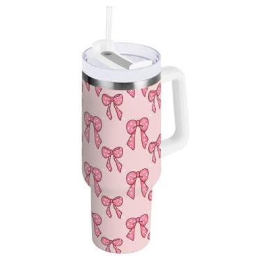 Imagem de SEHANY Copo fofo com laço rosa de 1,134 g com alça, copo isolado de aço inoxidável a vácuo de parede dupla, à prova de vazamento, caneca de café isolada para viagem cabe no suporte de copo de carro