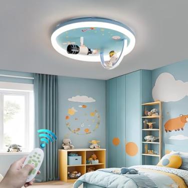 Imagem de Luminária de teto azul em formato de astronauta de desenho animado para quarto de menino, com LED, dimerizável e com controle remoto, lustre de acrílico ideal para ilha de cozinha, sala de j