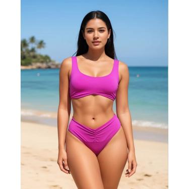 Imagem de Biquíni com Top Esportivo e Calcinha Cintura Alta Franzida