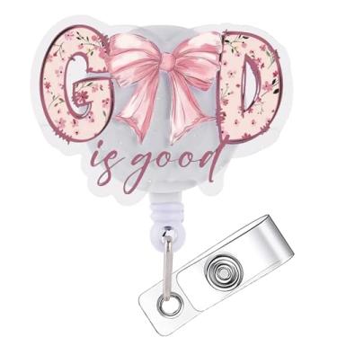 Imagem de Carretel de crachá de laço rosa cristão, God is Good, suporte de identificação retrátil, clipe de crachá de fé, acessórios de trabalho, presentes para enfermeiras, professores, consultórios médicos