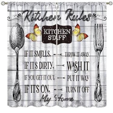 Imagem de Fblifil Cortinas rústicas de cozinha de fazenda, regras de cozinha vintage, celeiro, país, madeira, prancha, padrão, bolso para varão para cortinas de janela, para sala de estar, quarto, cozinha, café
