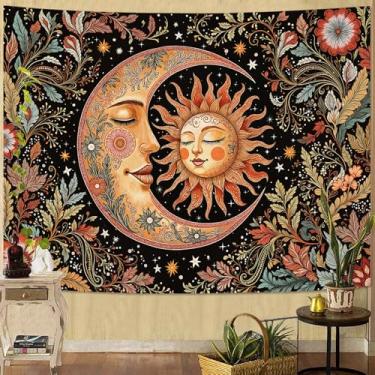 Imagem de Accnicc Tapeçaria vintage de sol e lua boho hippie floral tapeçaria de parede para quarto estética marrom celestial espiritual planta botânica pequenas tapeçarias para pendurar na parede para sala de