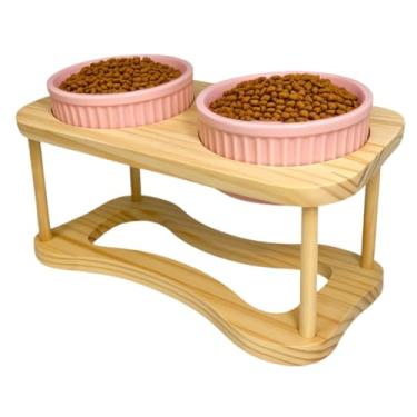 Imagem de Comedouro Bebedouro Duplo Elevado para Cachorros e Gatos 320ml | Porcelana + Madeira Pinus(Rosa)