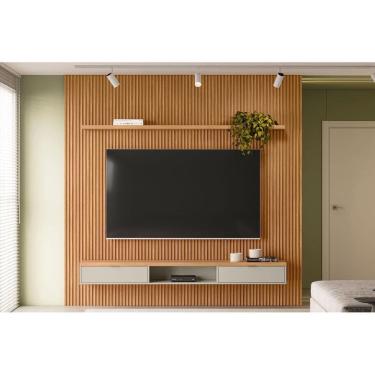 Imagem de Rack Bancada c/ Painel p/ TV até 90 Pol Modular 2.6 Ripado 2 Portas 1 Pratel. 258x250cm Nature/Off White - Linea Brasil