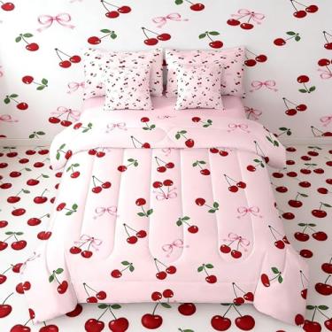 Imagem de Jogo de cama casal de 7 peças com laço fofo de cereja e laço de aquarela, conjunto de cama de frutas de verão inclui edredom, conjunto de lençol, fronhas e fronhas de microfibra macia, respirável