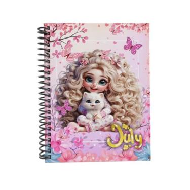 Imagem de Caderno Universitário Capa Dura July Decorado, Espiral, com Bolsa Interna, Cartela de Adesivos e Divisórias, Design de Personagem com Borboletas e Corações (CAPA 2, 15 MATÉRIAS (300 FLS))