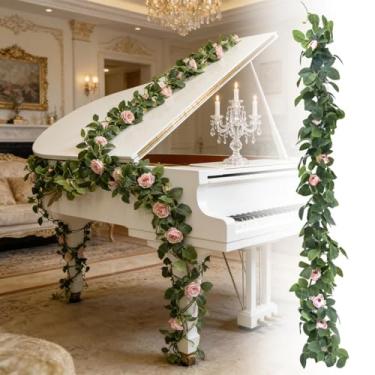 Imagem de Guirlanda artificial de rosas de videira decorativa para pendurar flores artificiais para parede, porta, janela, festa de casamento, decoração de casa