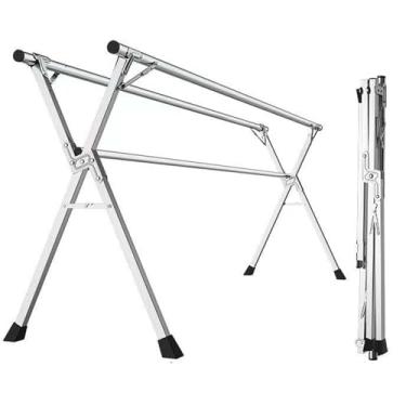 Imagem de Escorredor de roupas dobrável de aço inoxidável - Rack de secagem de roupas dobrável resistente, economia de espaço, suporte de roupas ajustável para uso interno/externo