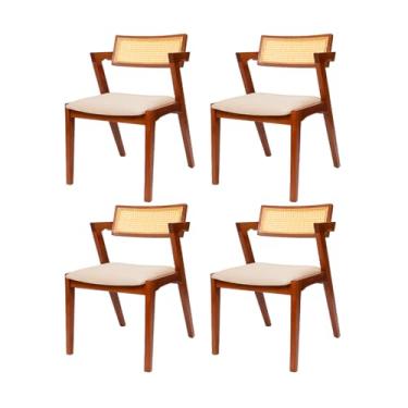 Imagem de Kit 4 Cadeiras de Jantar Estofada Madeira Maciça Com Telinha Rattan Natural Stter (Linho Bege)