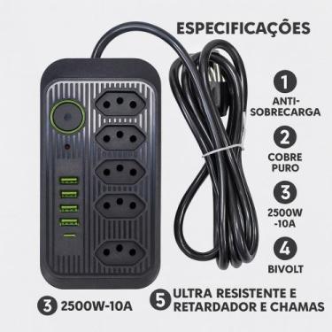 Imagem de Extensão 5 Tomadas 4 USB 1 USB-C 2 Metros Filtro de Linha Bivolt Segur
