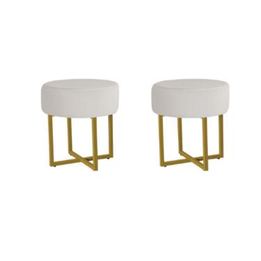 Imagem de Kit 2 Puff Redondo Madrid Veludo Pés Metal Reforçado Dourado Veludo Bege